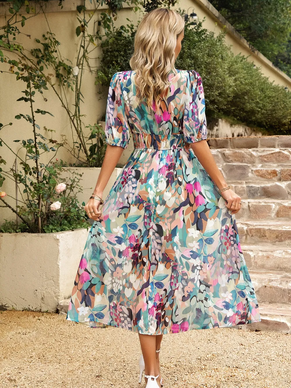Smocked Printed V-Neck Half Sleeve Midi Dress, image 2