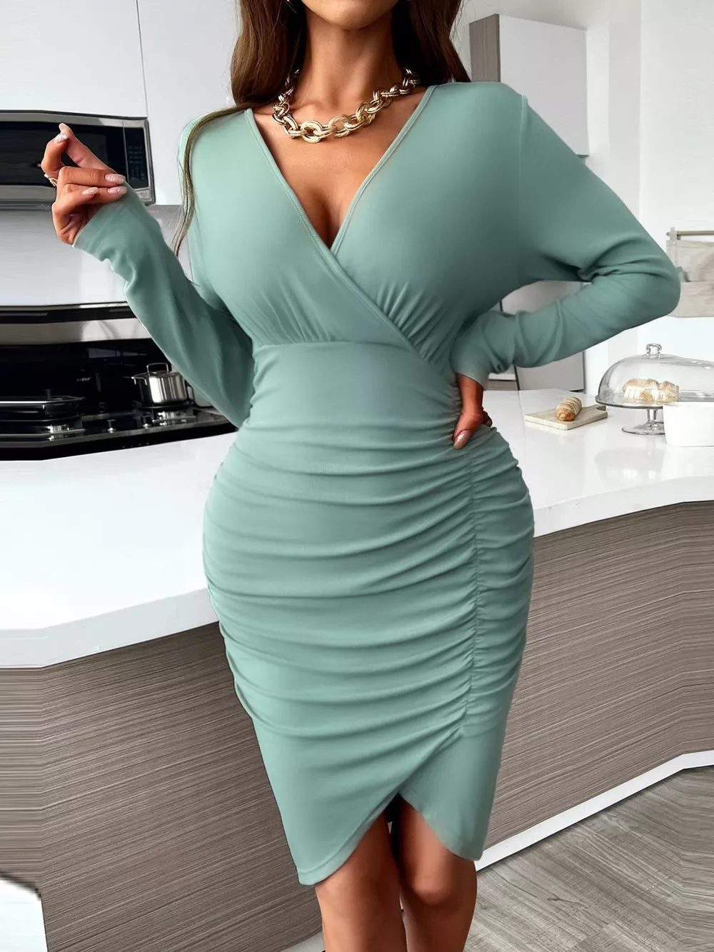 Full Size Ruched Surplice Bodycon Dress Plus Size, image 3