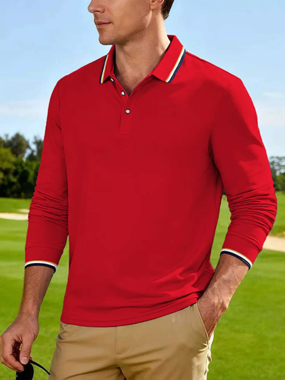Men's Full Size Classic Long-Sleeve Polo with Striped Collar Plus Size, image 13