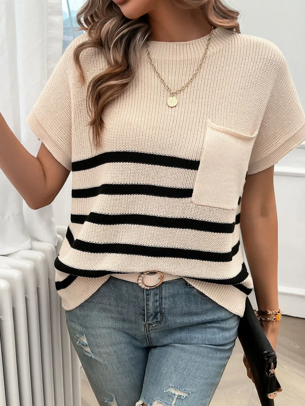 Striped Round Neck Short Sleeve Sweater, image 4