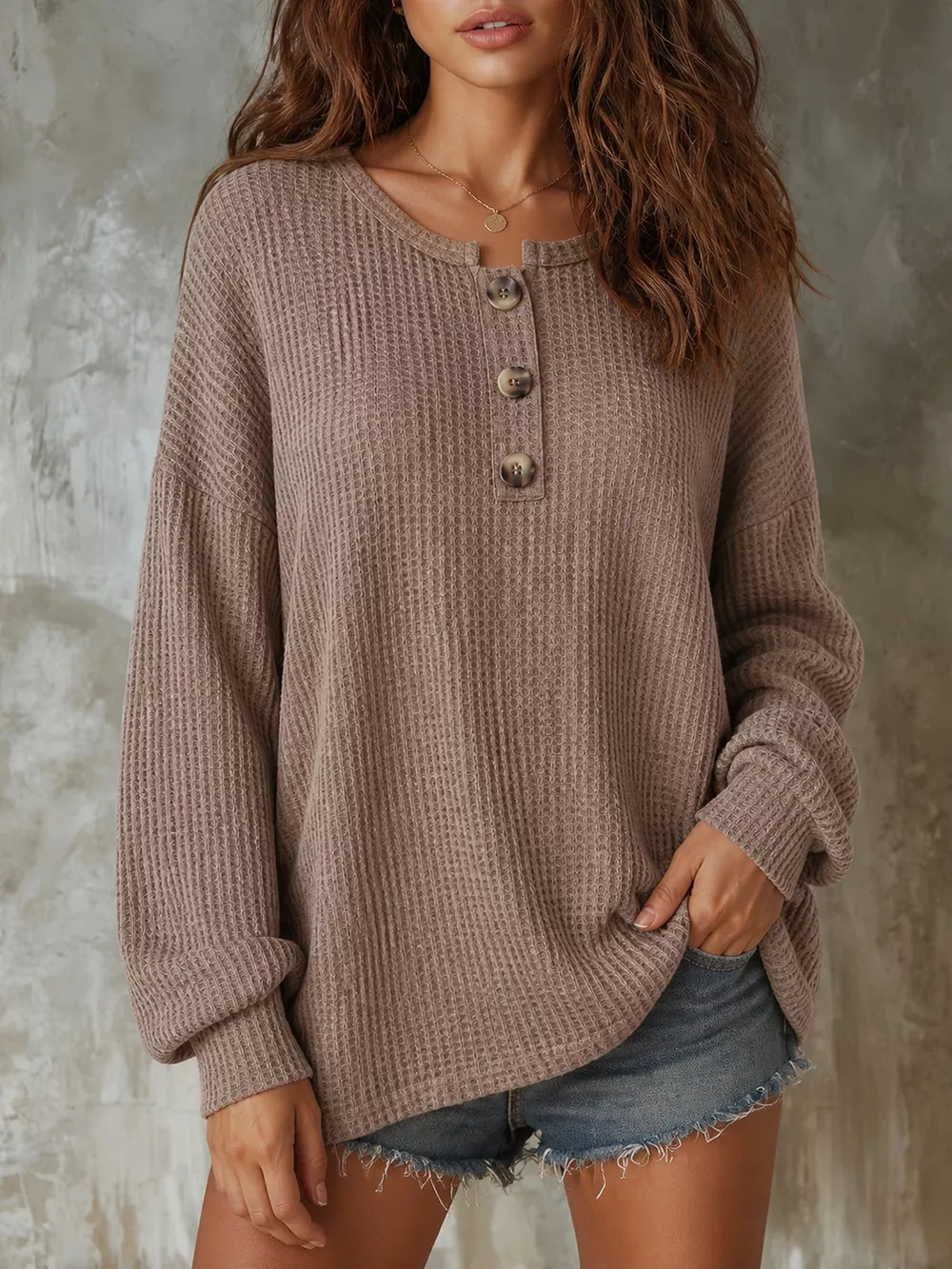 Button Detail Dropped Shoulder Knit Top, image 2