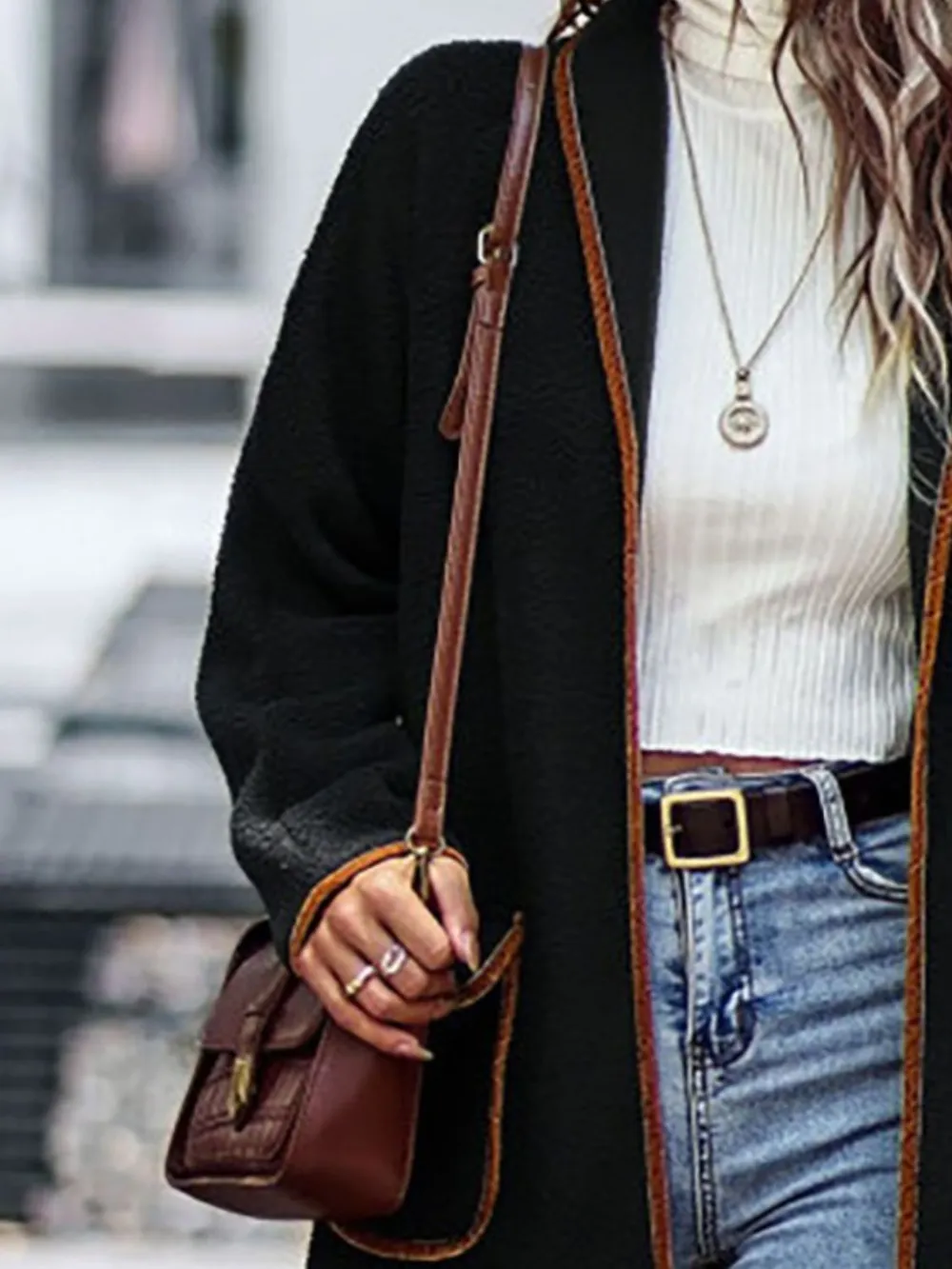 Full Size Contrast Trim Long Sleeve Coat with Pockets, image 6