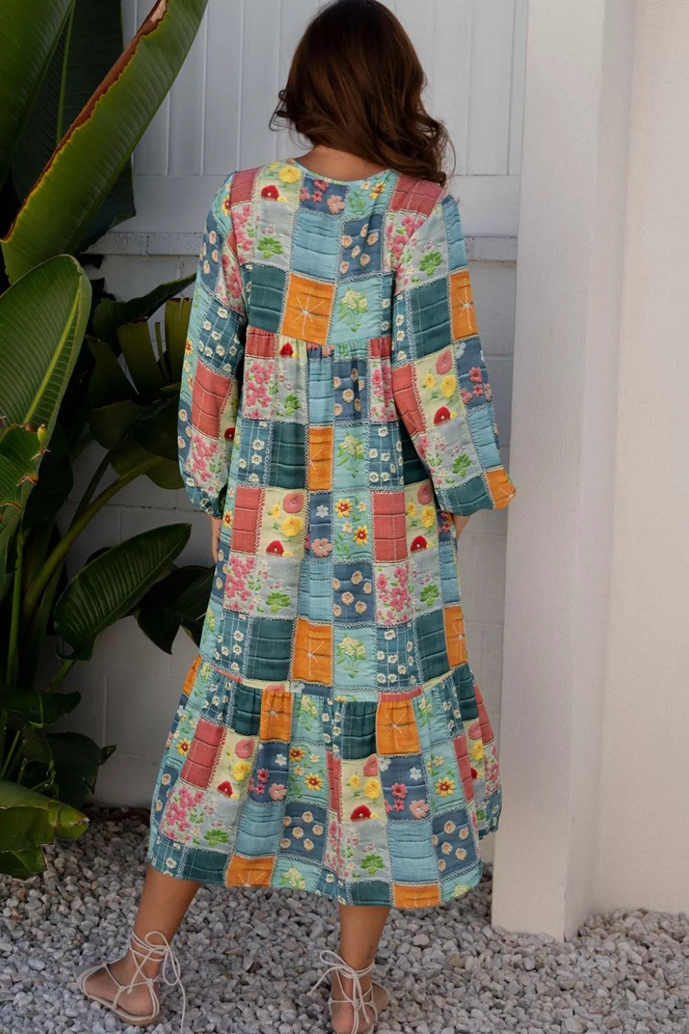 Floral Checkered V-Neck Dress, image 3