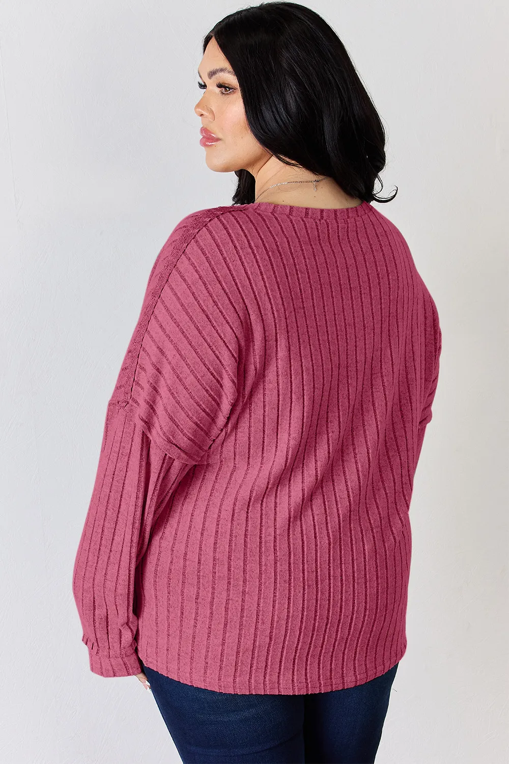 Full Size Ribbed Half Button Long Sleeve T-Shirt, image 2