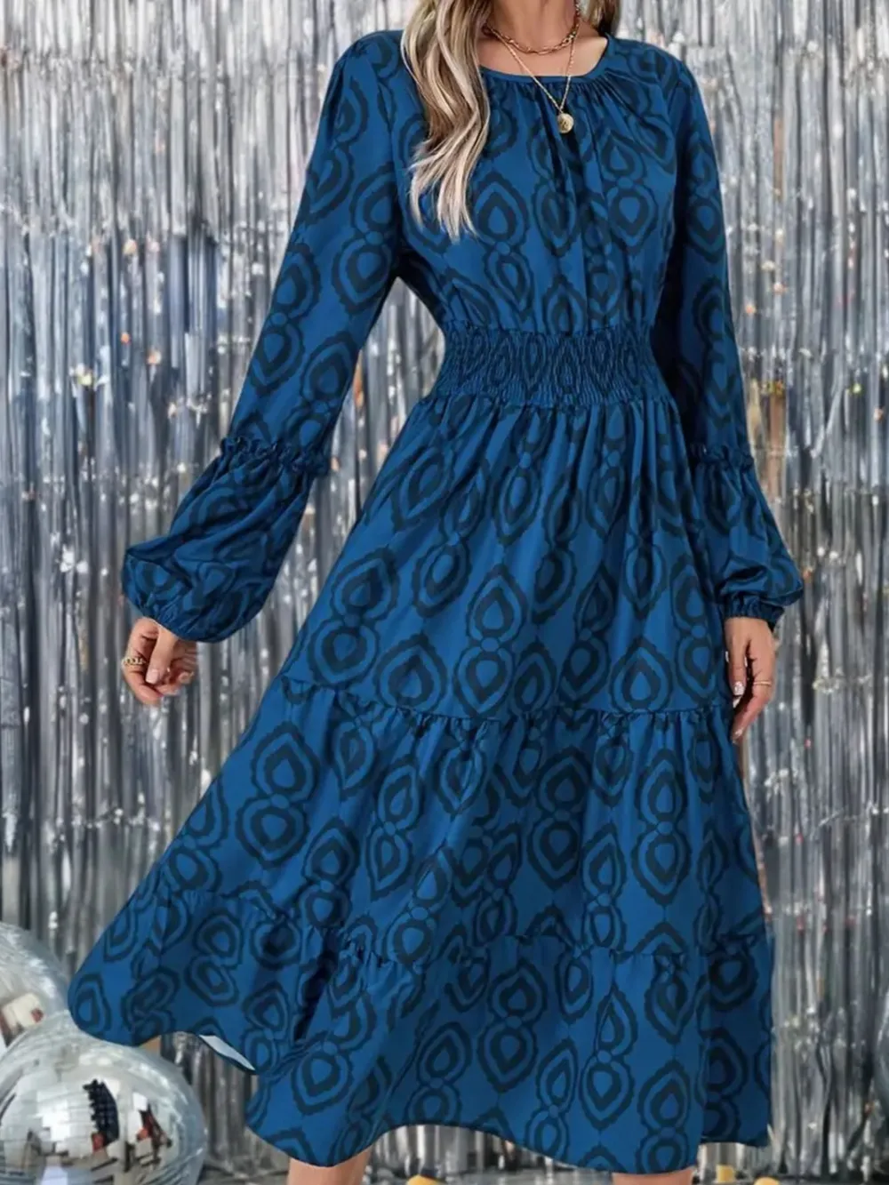 Printed Round Neck Balloon Sleeve Dress, image 3