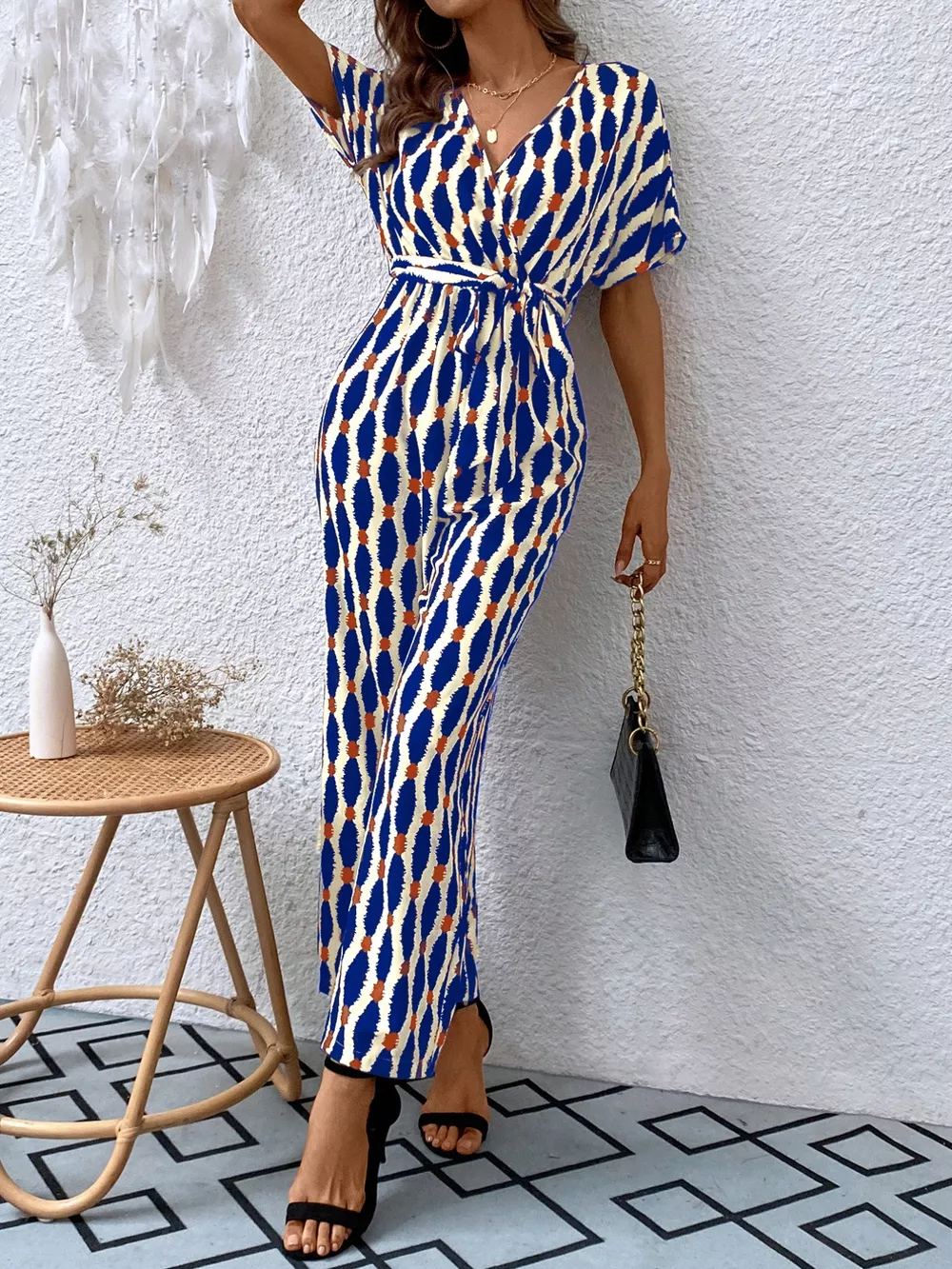 Printed Surplice Tie Waist Short Sleeve Jumpsuit, image 4