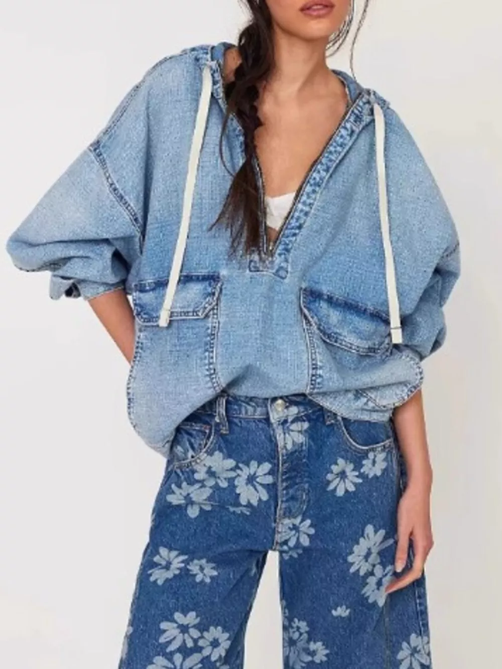 Half Zip Hooded Denim Top, image 7