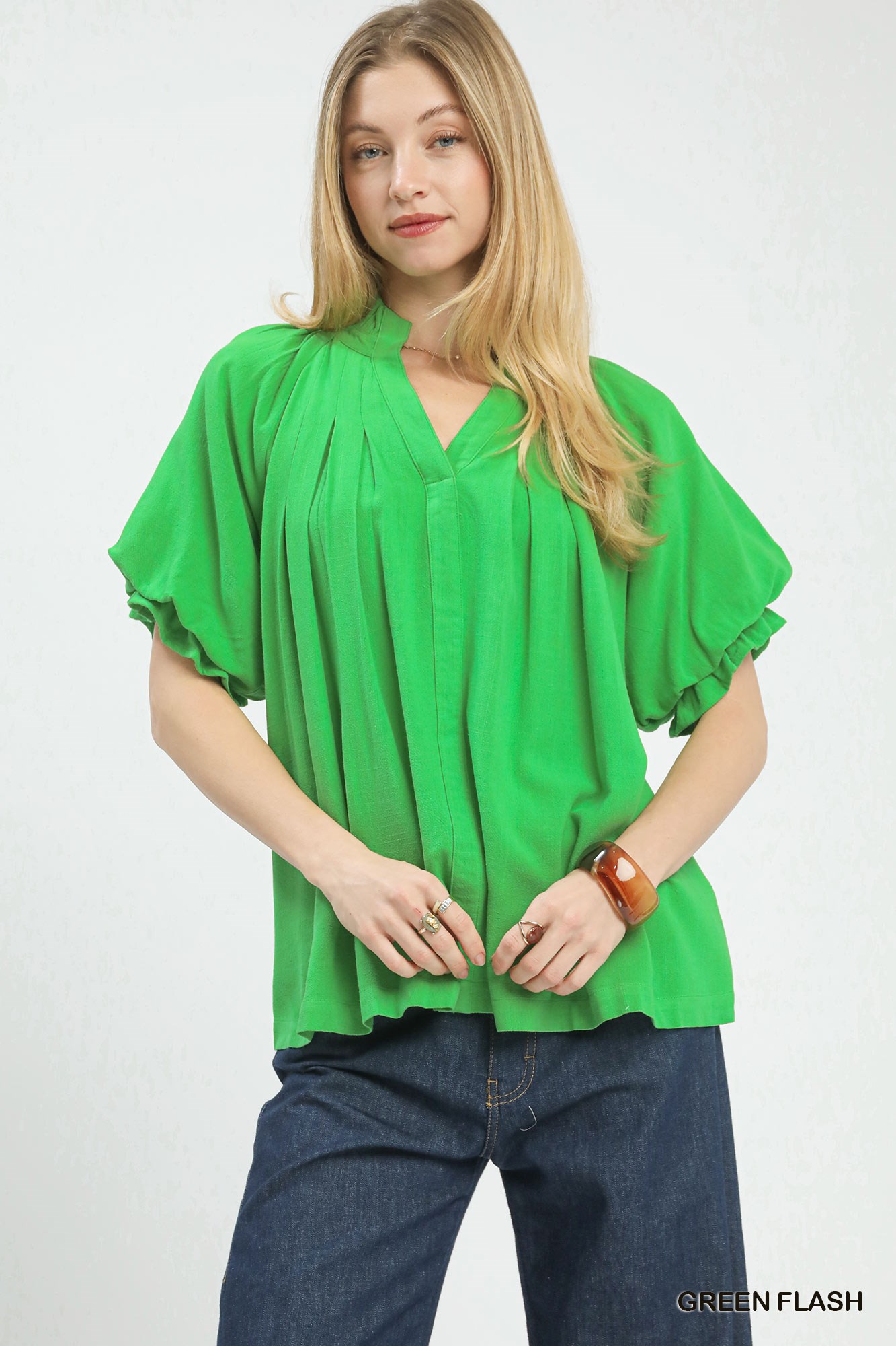 Linen V-Neck Flutter Sleeve Top