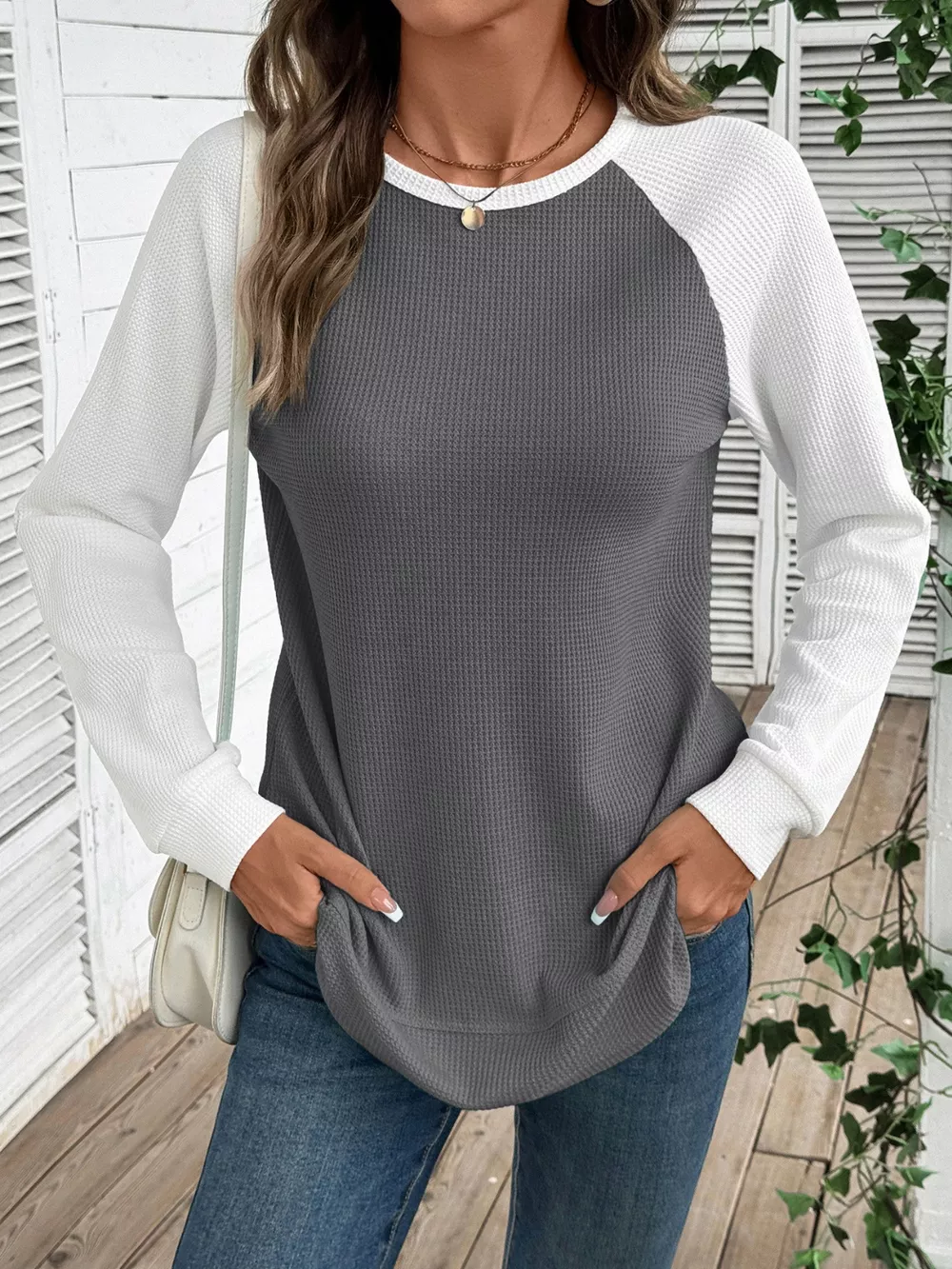 Waffle Knit Raglan Sleeve T-Shirt, image 4