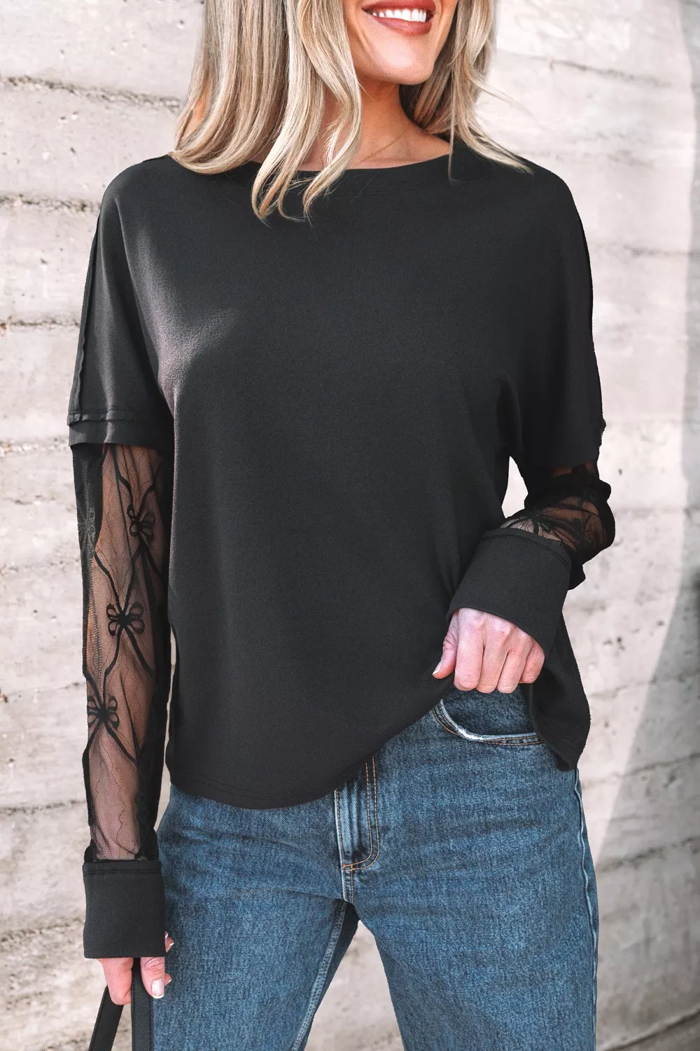 Round Neck Lace Sleeve Relaxed Fit Top, image 2
