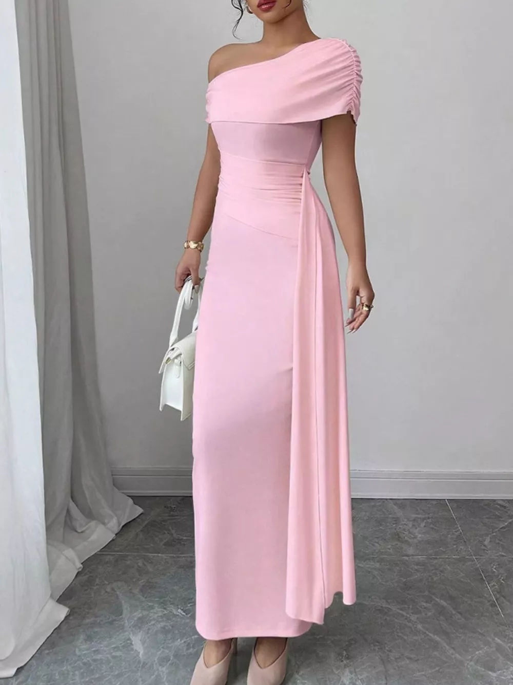 One-Shoulder Ruched Maxi Dress, image 3