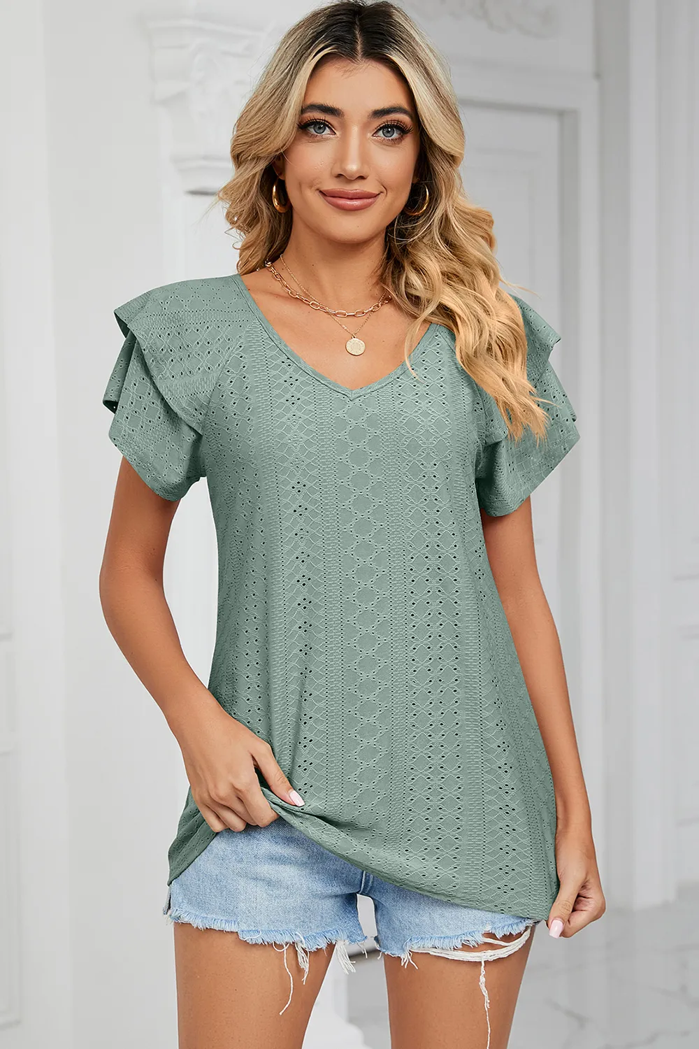 Eyelet V-Neck Short Sleeve T-Shirt, image 16
