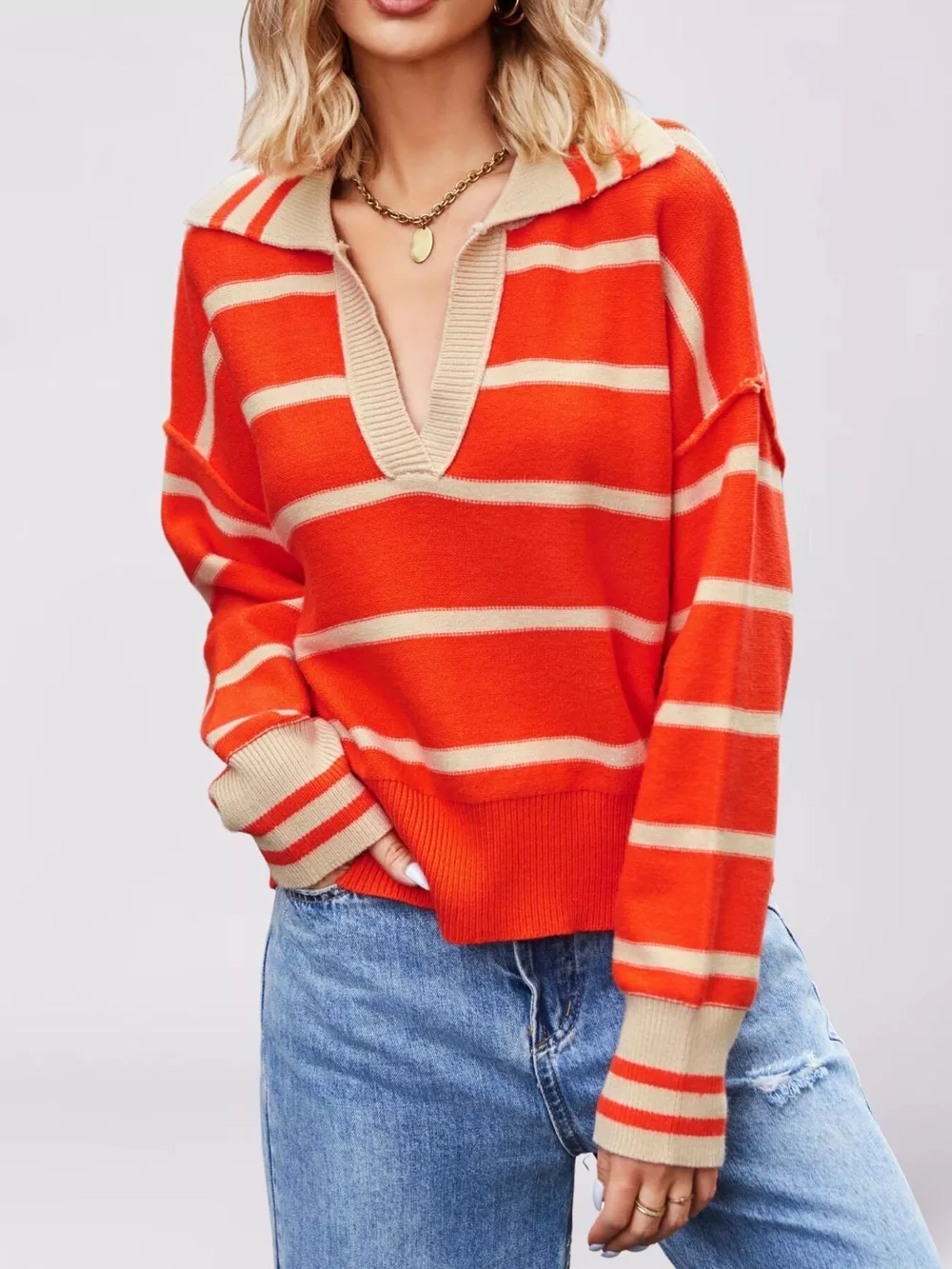 Striped Johnny Collar Dropped Shoulder Sweater, image 3