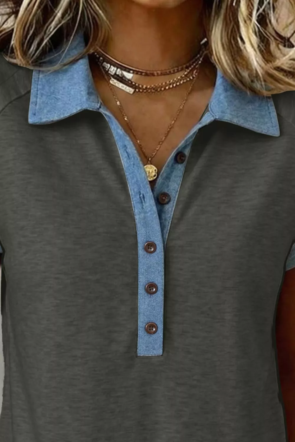 Color Block Polo Neck Patriotic Sequin Star Graphic Polo Tee, image 2