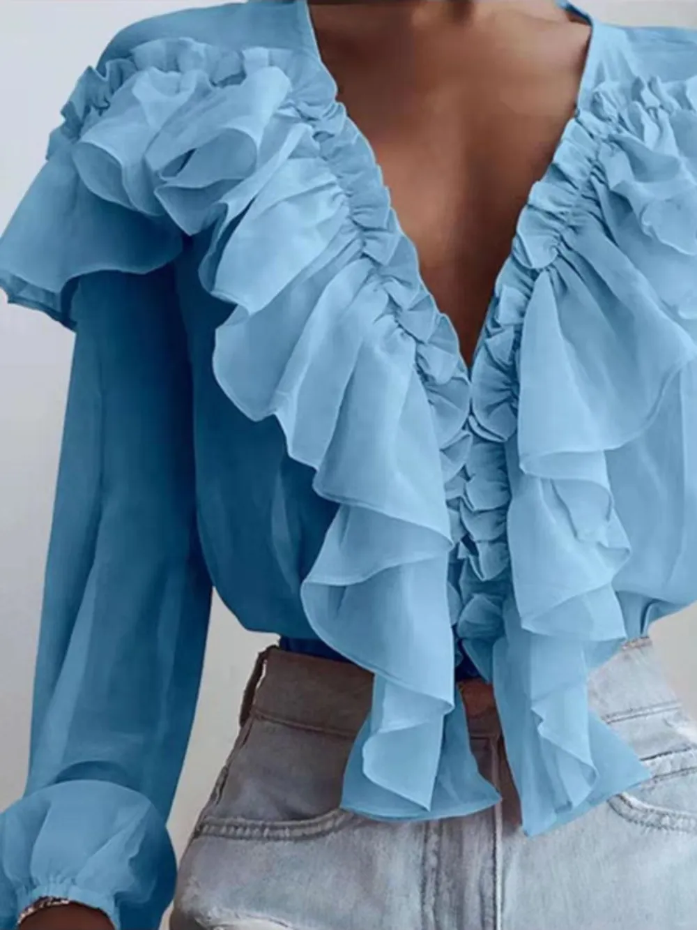 Ruffled V-Neck Long Sleeve Blouse, image 2