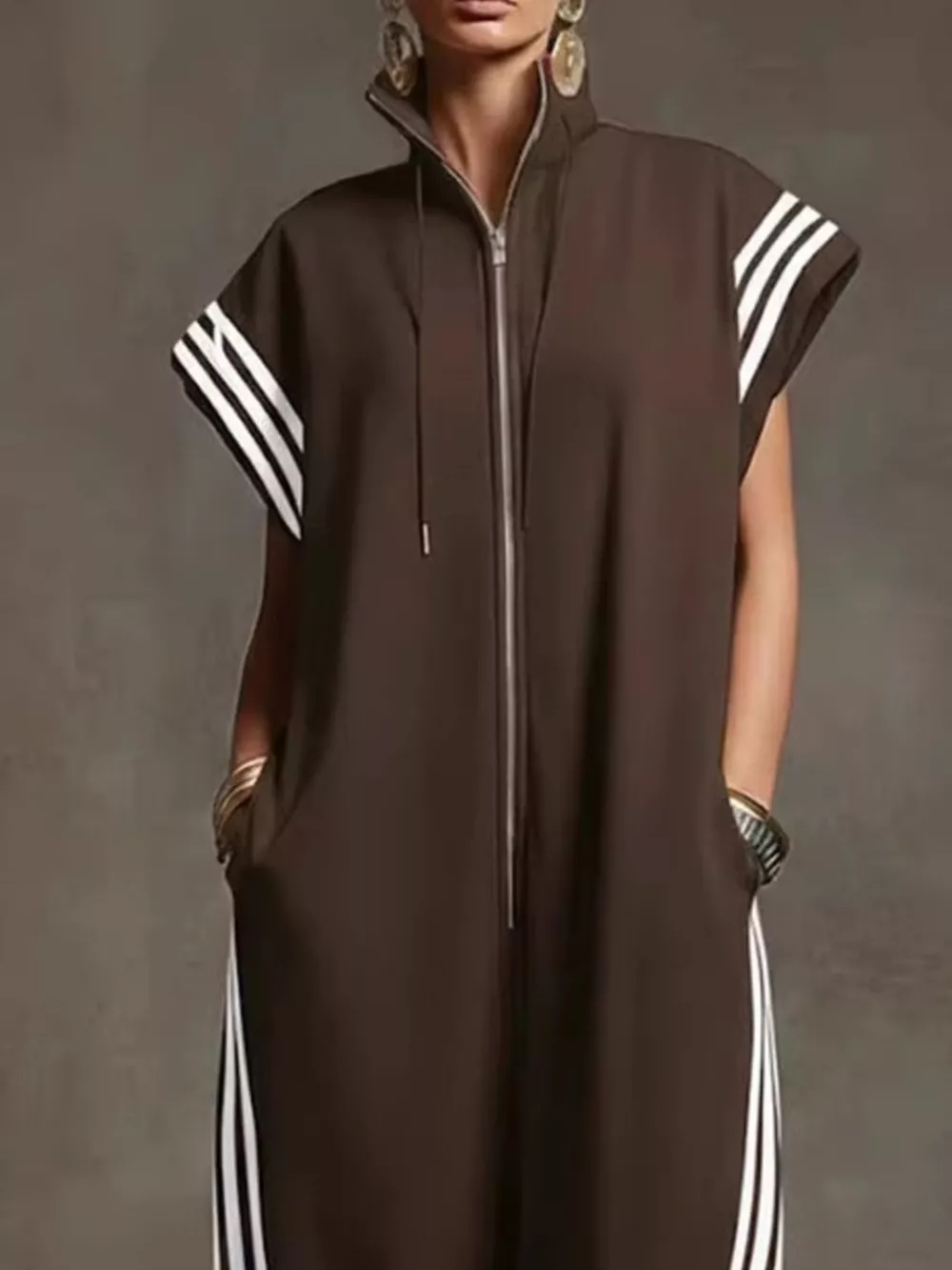 Full Size Side Stripe Zip-Front Wide Leg Jumpsuit Plus Size, image 3
