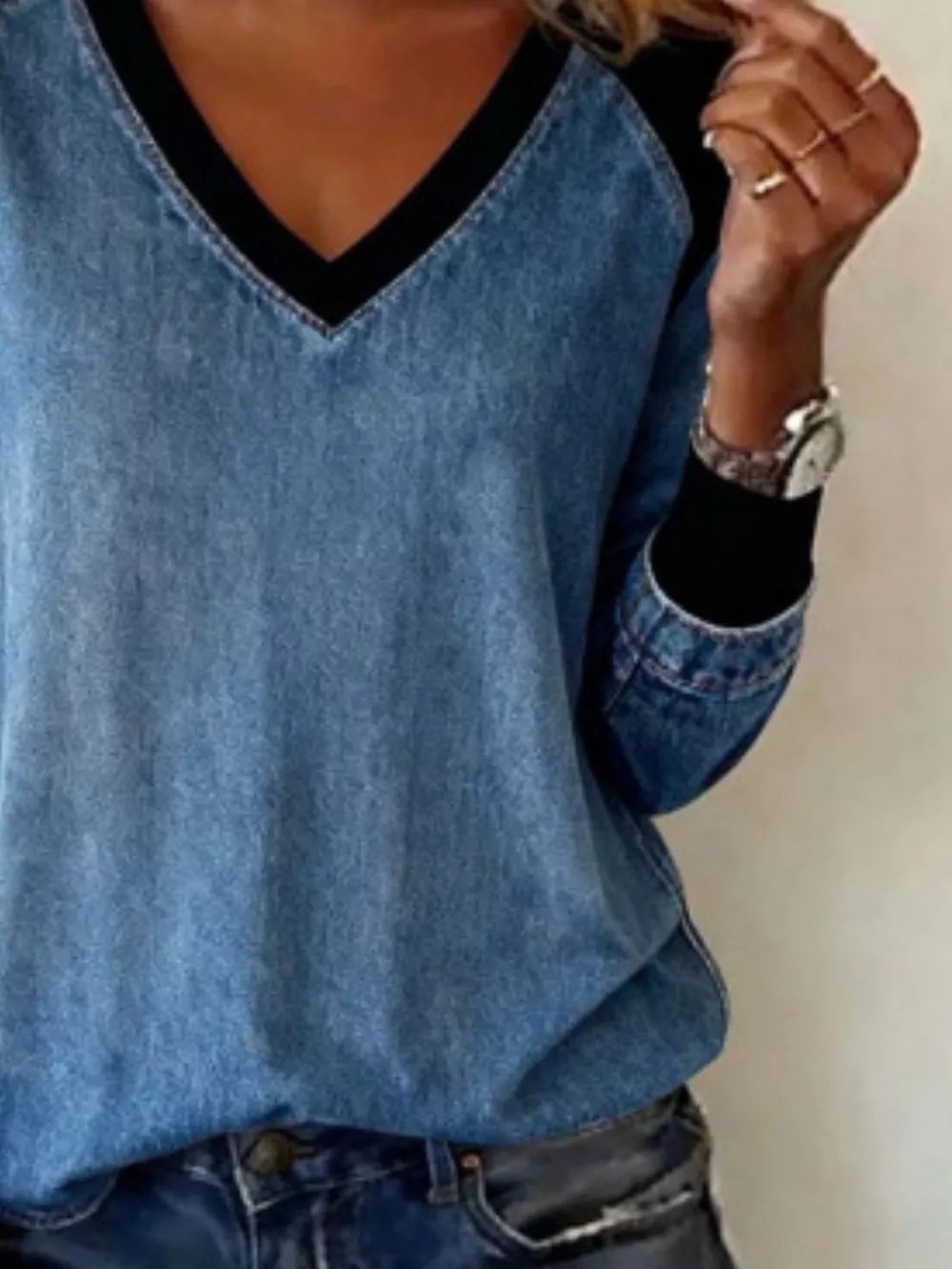 Full Size Patchwork V-Neck Long Sleeve Blouse Plus Size, image 2