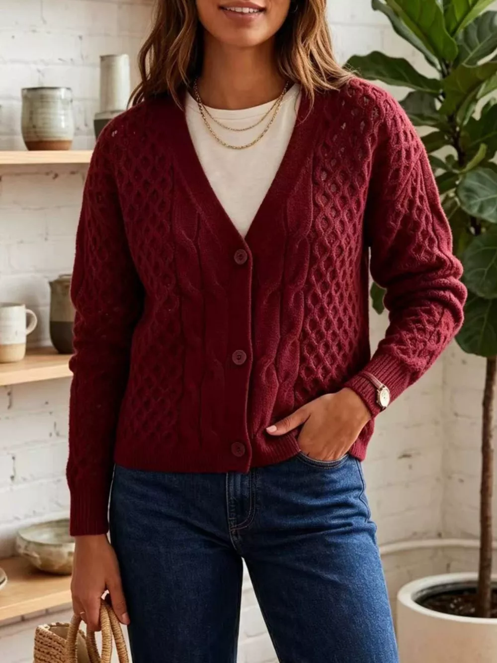 Cable-Knit V-Neck Button-Down Cardigan, image 11