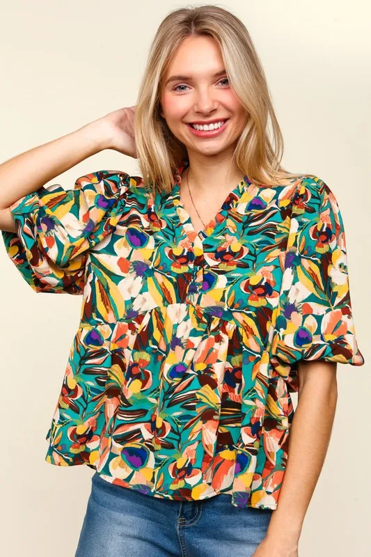 Full Size Frill Floral Puff Sleeve Peplum Blouse, image 4