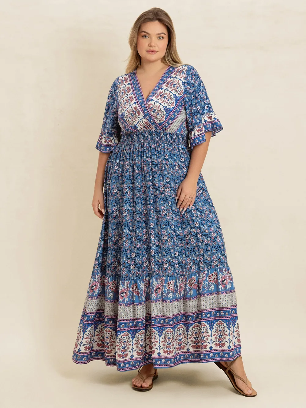Plus Size Printed Surplice Half Sleeve Dress, image 2