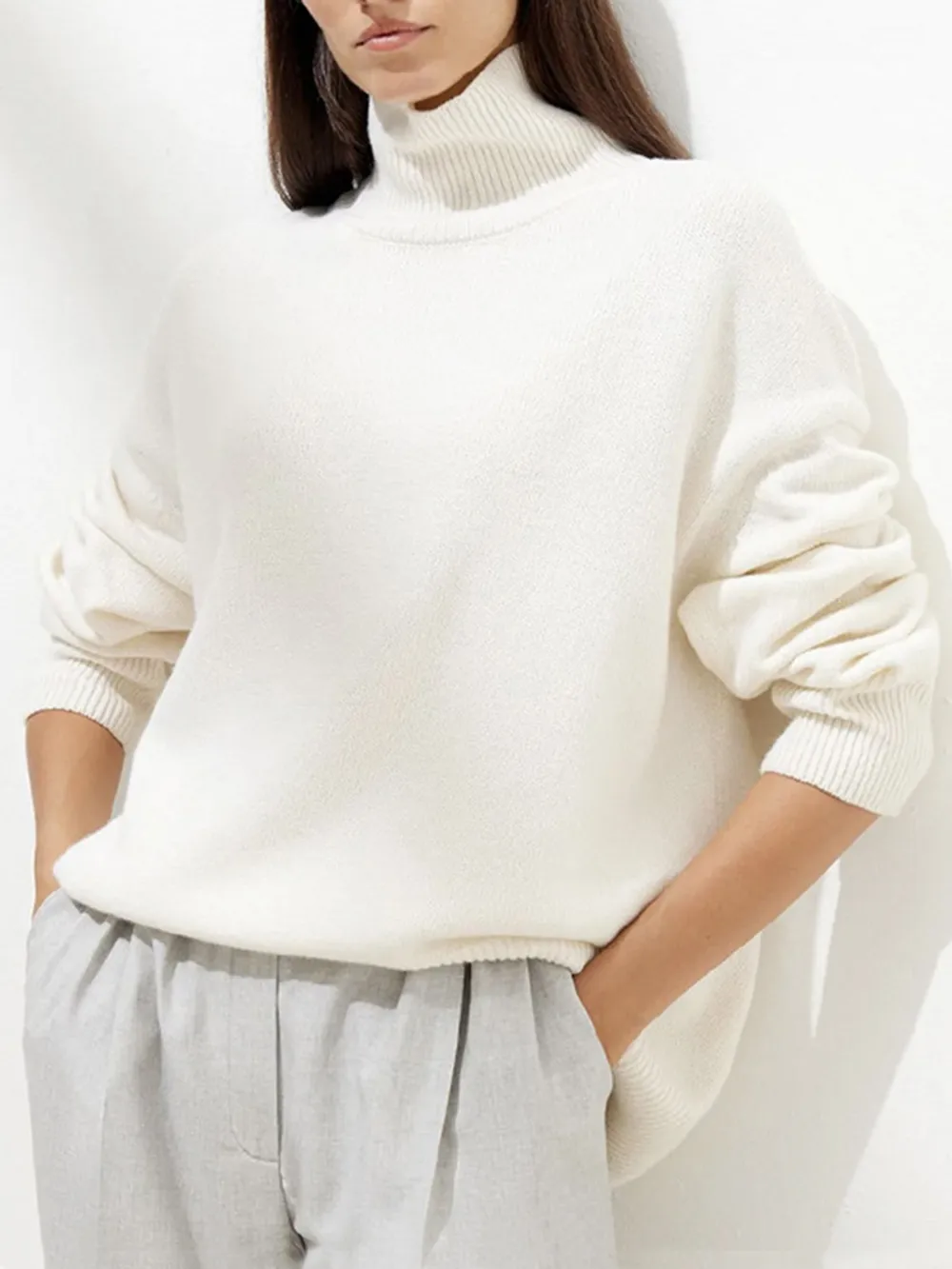 Ribbed Detail Turtleneck Dropped Shoulder Sweater, image 2