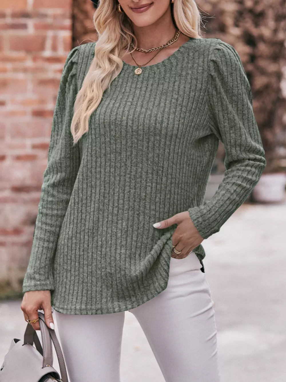 Ribbed Knit Puff Sleeve T-Shirt, image 17