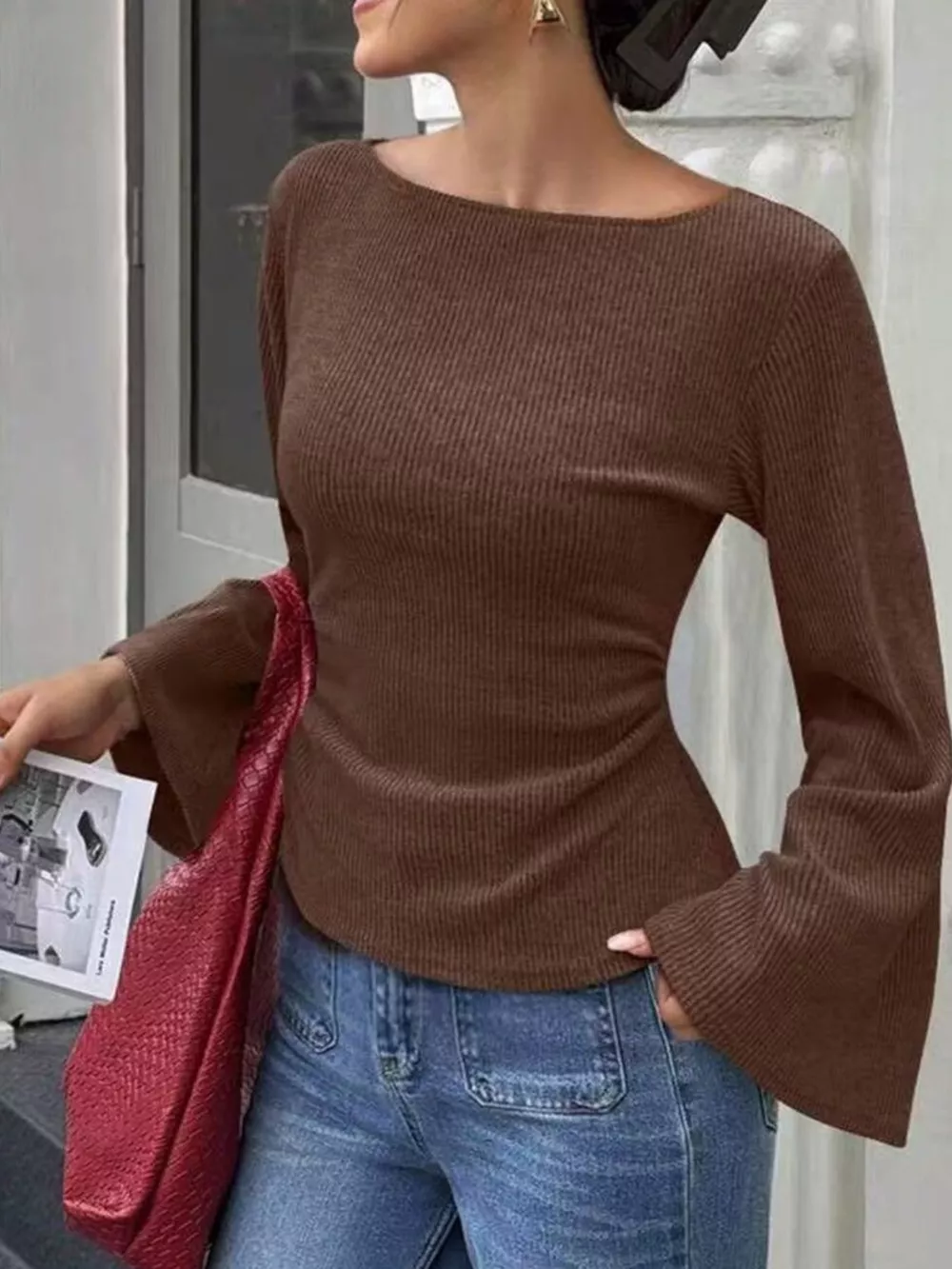 Ribbed Flare Sleeve Top with Ruched Detail, image 14