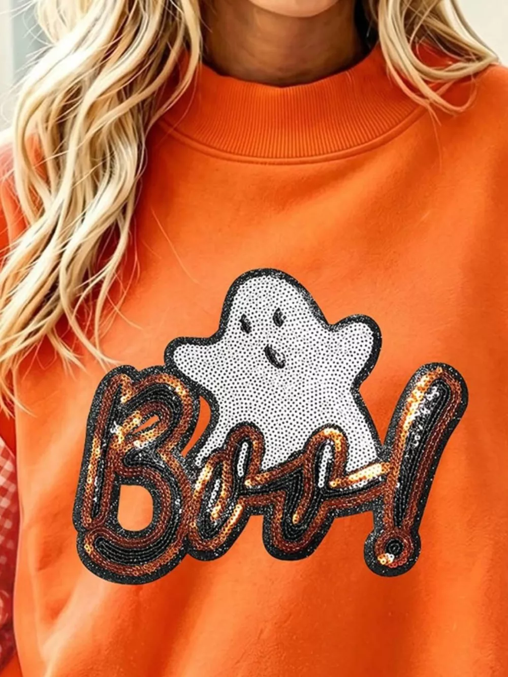 Boo Sequin Ghost Plaid Patchwork Sleeve Halloween Sweatshirt, image 3
