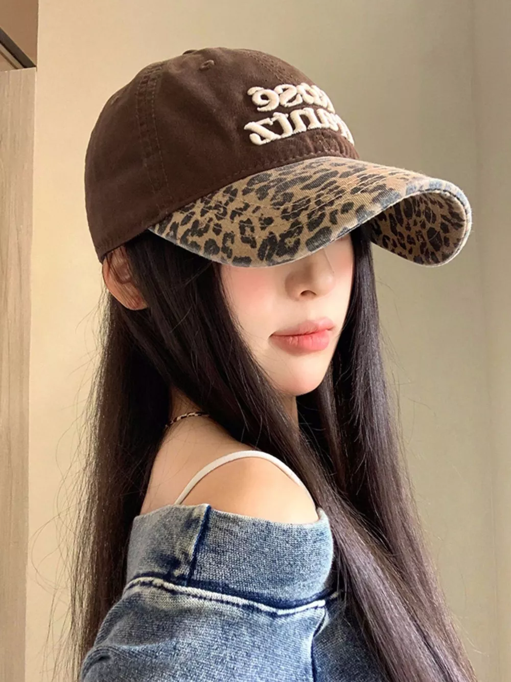 Leopard Print Baseball Cap with Embroidered Letter