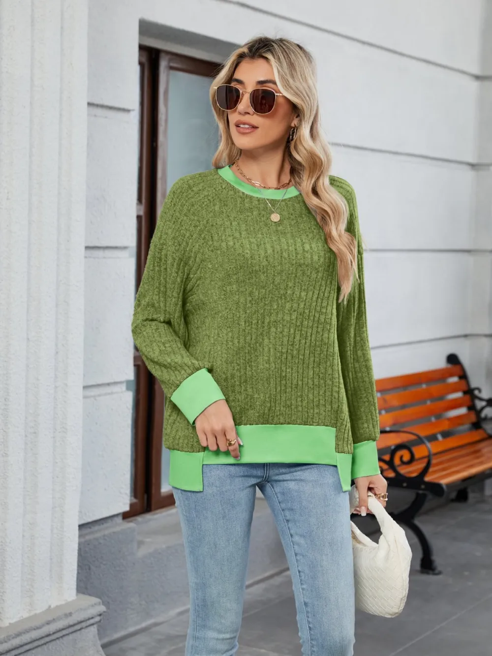 Contrast Trim Round Neck Long Sleeve T-Shirt, image 3