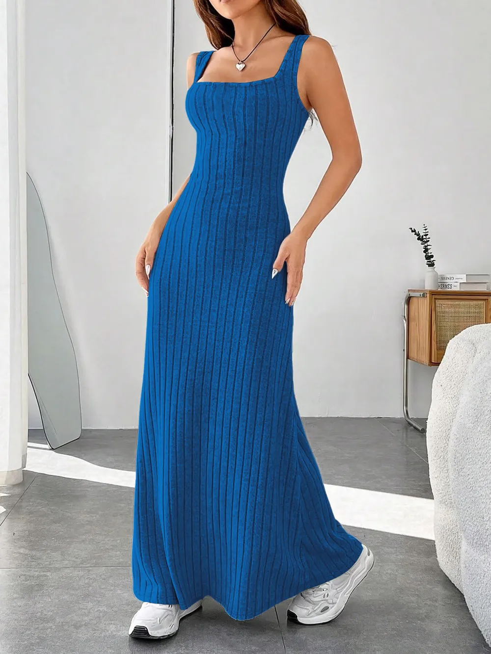 Ribbed Knit Square Neck Sleeveless Maxi Dress, image 2