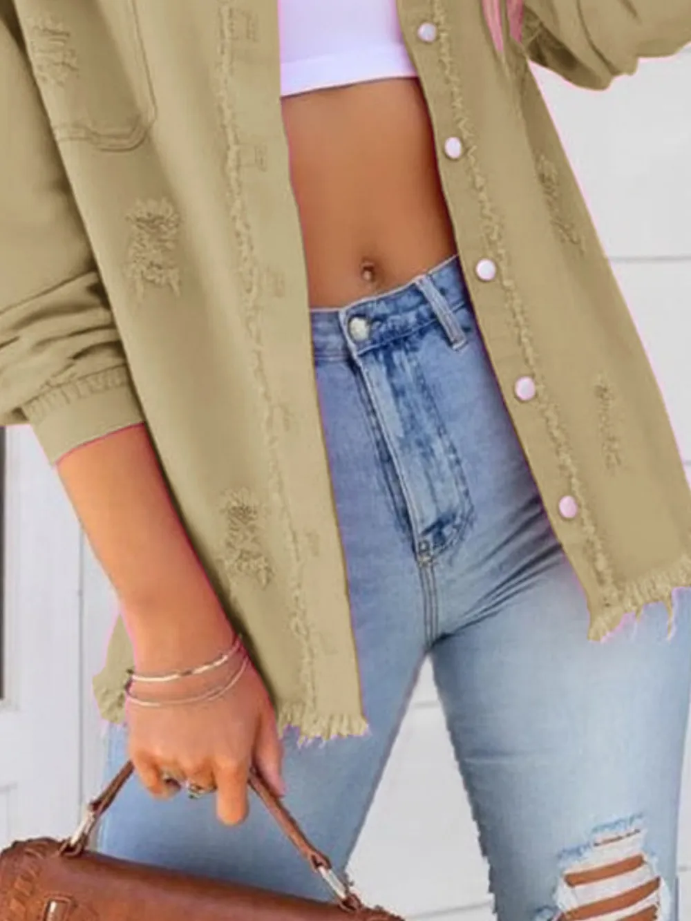 Distressed Denim Jacket with Frayed Edges, image 2