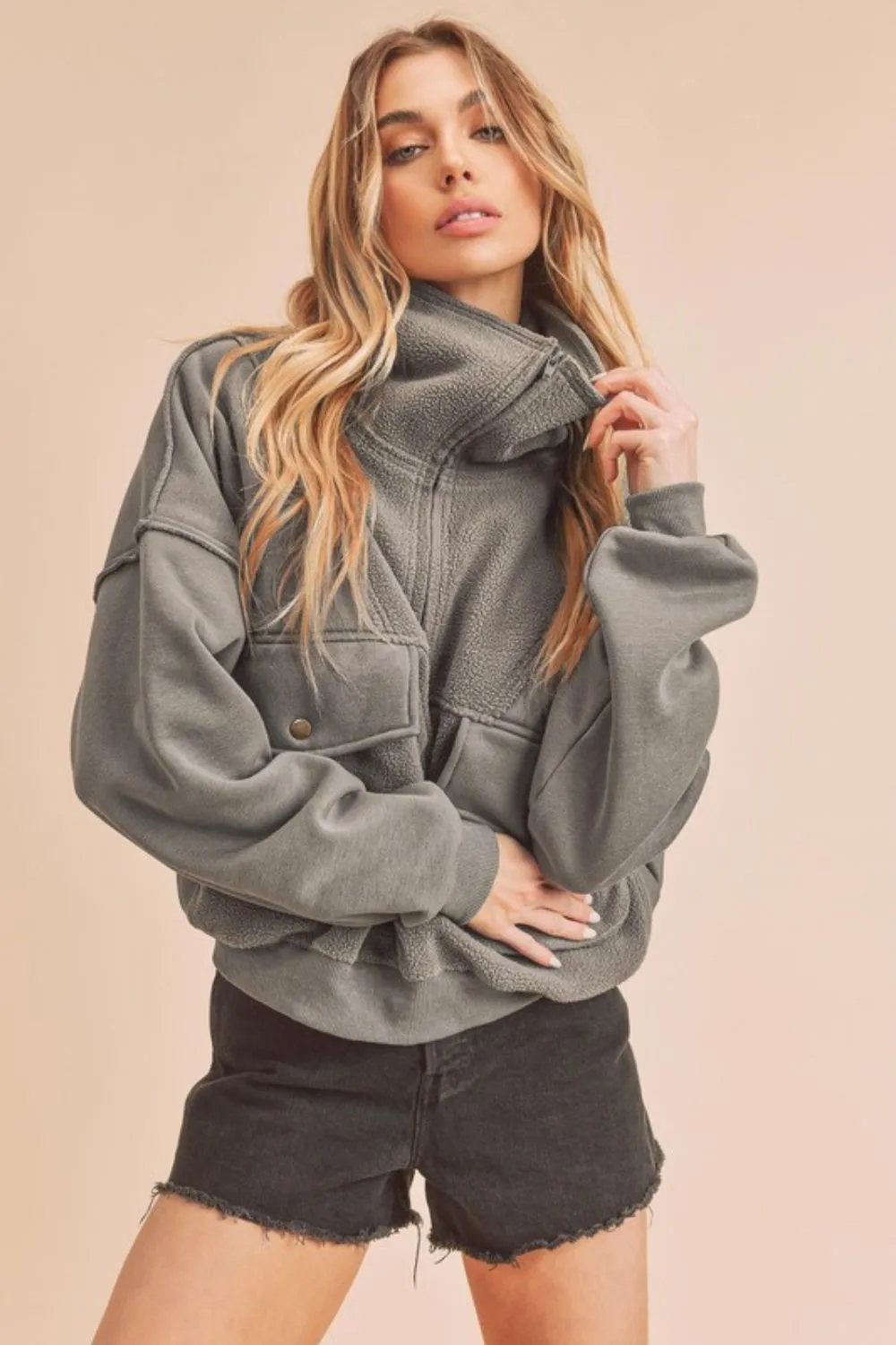 Exposed Seam Half Zip Sweatshirt with Pockets