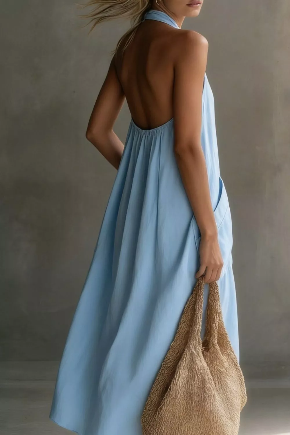 Casual Halter Neck Pocket Midi Dress, image 4