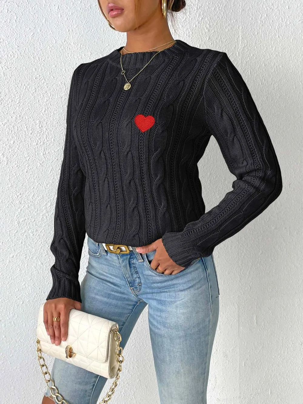 Cable-Knit Heart Round Neck Long Sleeve Sweater, image 6