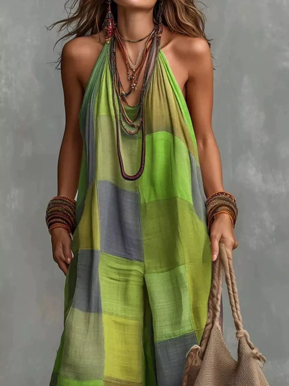 Full Size Plaid Halter Neck Wide-Leg Jumpsuit Plus Size, image 4