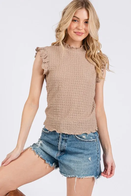 Ces Femme Texture Mock Neck Ruffle Cap Sleeve Blouse, image 2