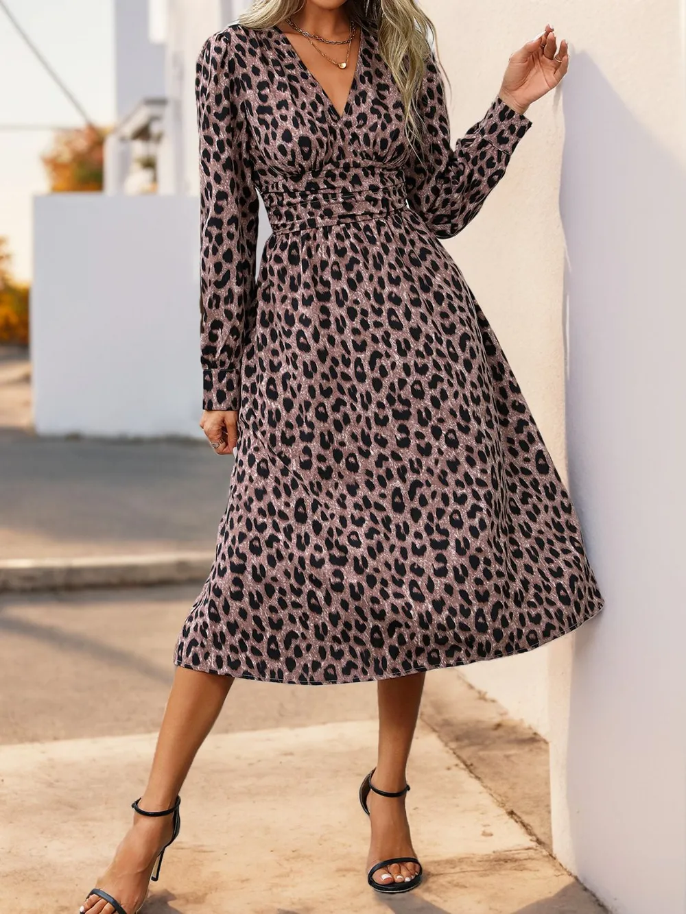 Leopard Surplice Long Sleeve Midi Dress, image 3