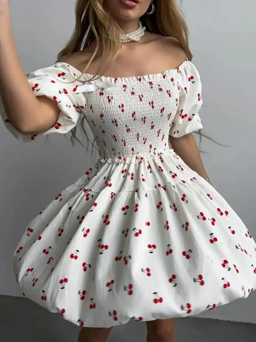 Puff Sleeve Cherry Print Smocked Mini Dress, image 4