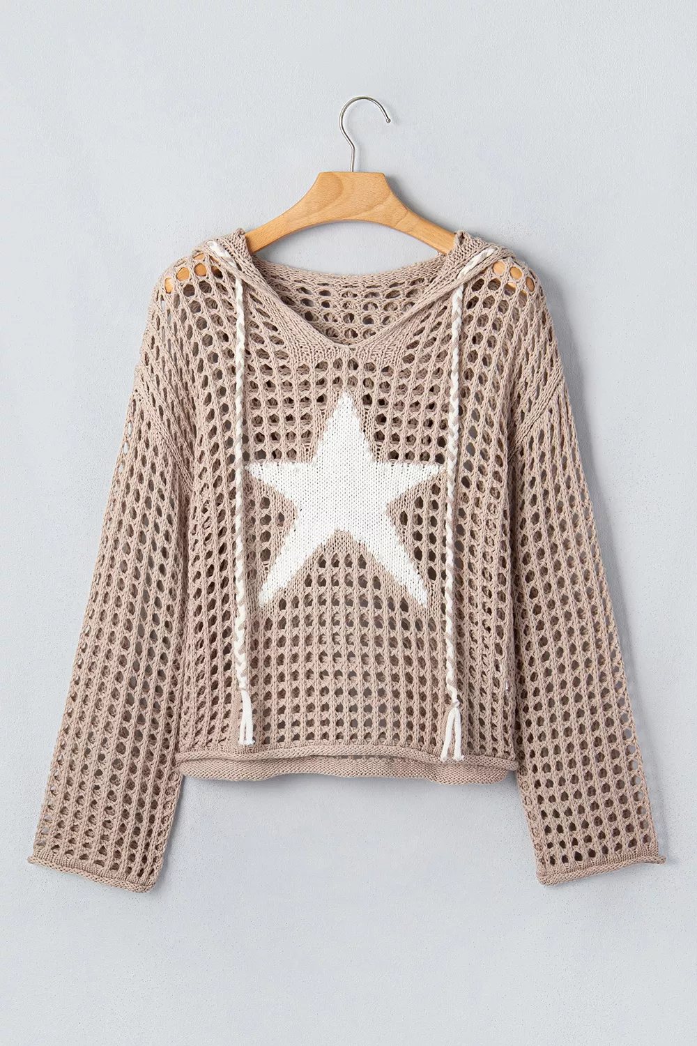 Star Pattern Crochet Hooded Drawstring Knit Cover Up, image 4