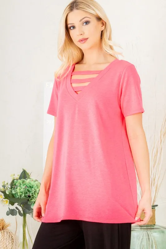 Full Size V-Neck Short Sleeve T-Shirt with Bar Detail Plus Size, image 11