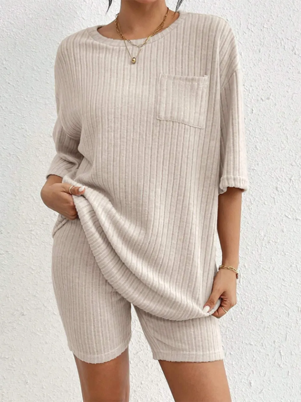 Ribbed Round Neck Top and Shorts Set, image 2