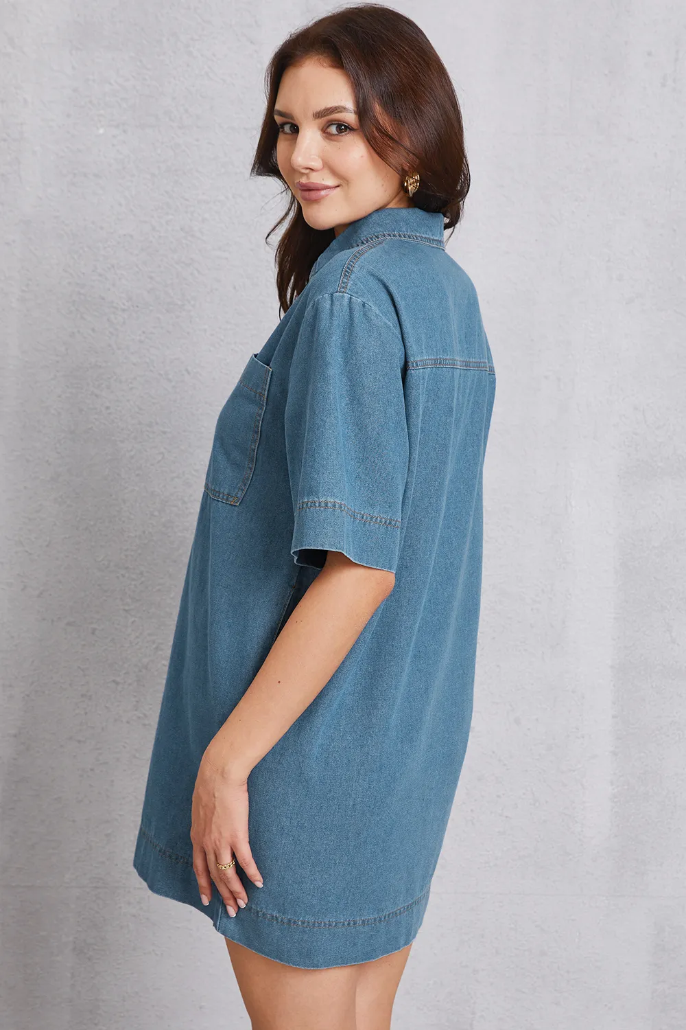 Pocketed Collared Neck Mini Denim Dress, image 5