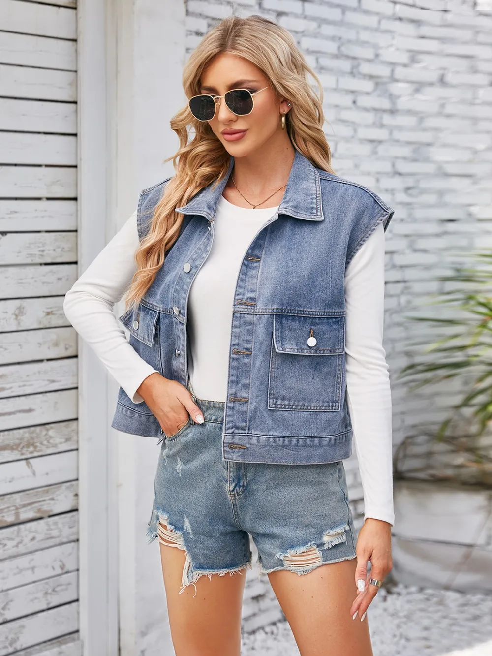 Cap Sleeve Denim Jacket with Pockets, image 2