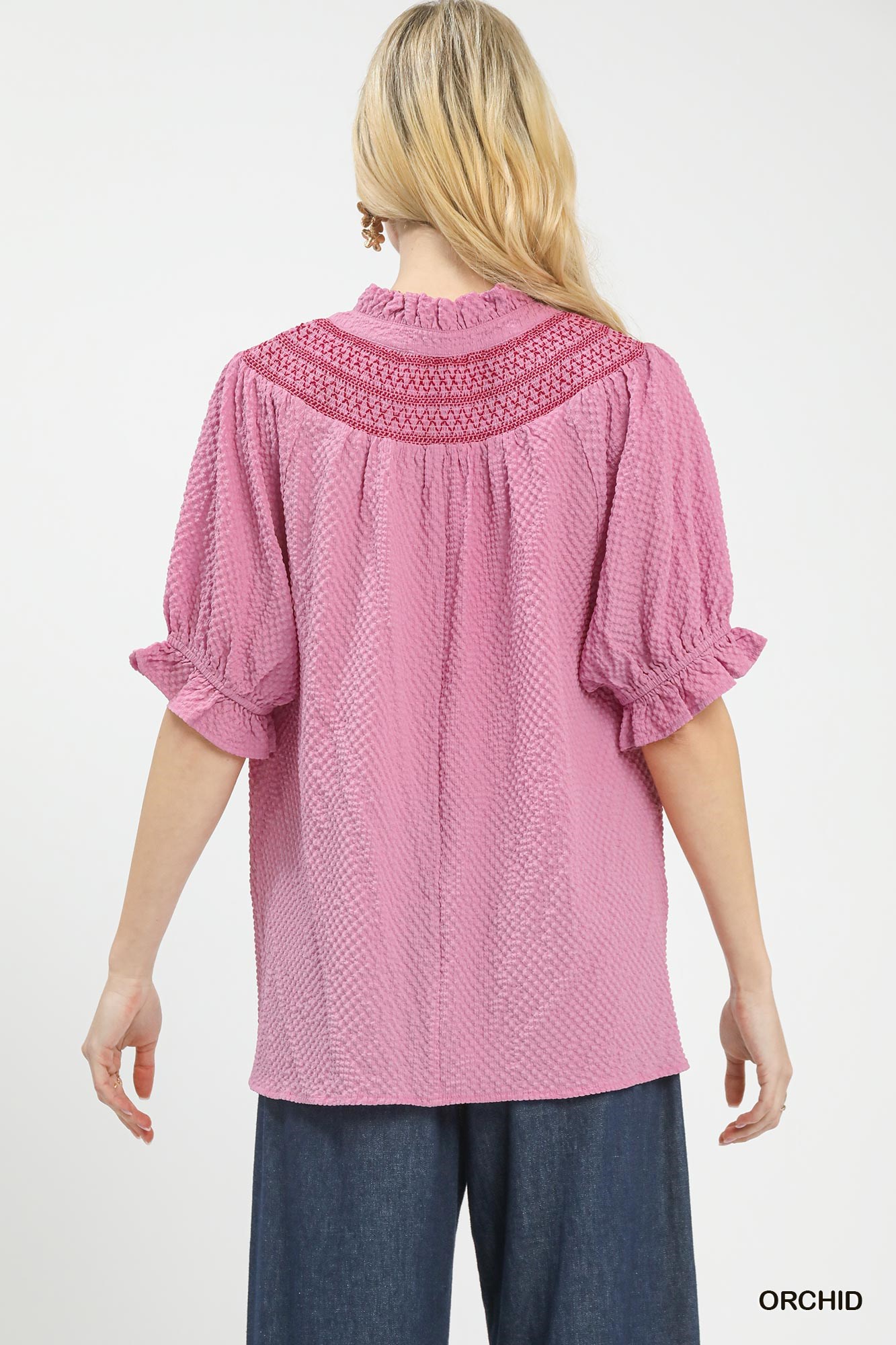 Textured Henley Blouse with Ruffle Cuffs, image 4