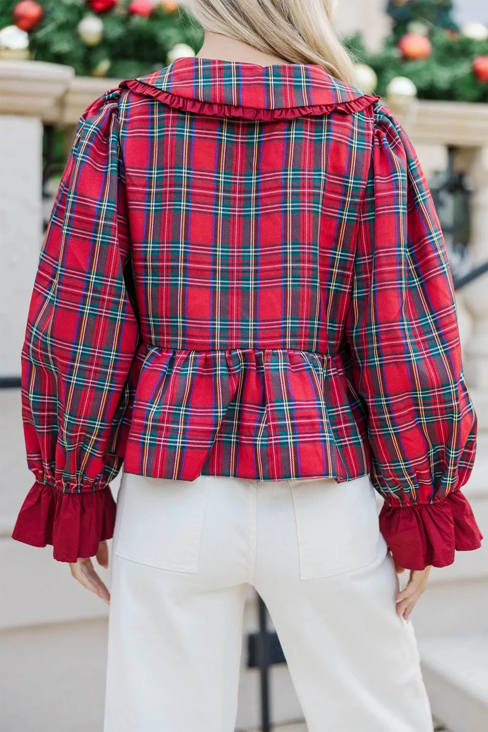 Plaid Tie Neck Ruffle Cuffs Long Sleeve Shift Blouse, image 2