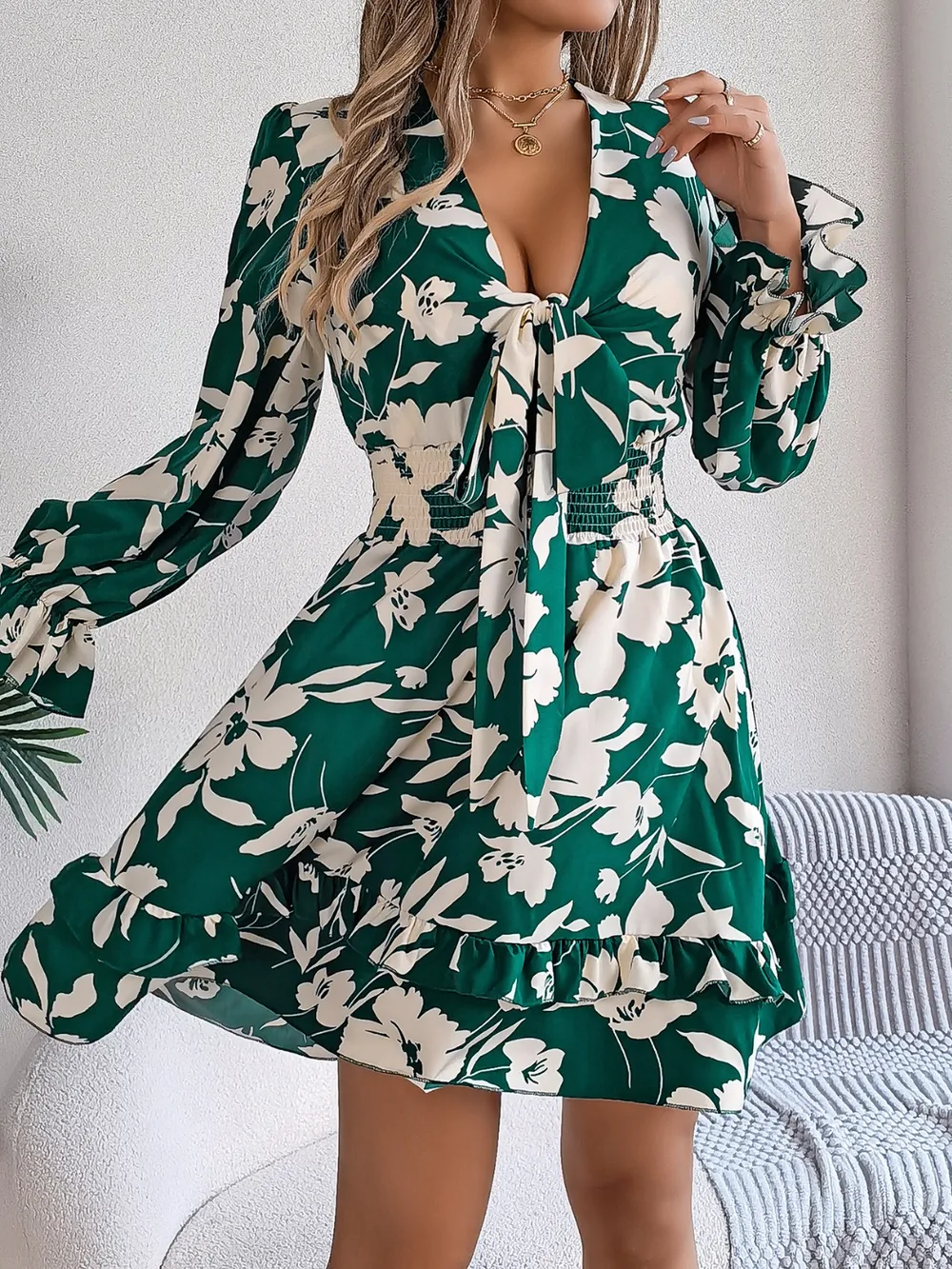 Tied Ruffled Printed Long Sleeve Dress, image 3