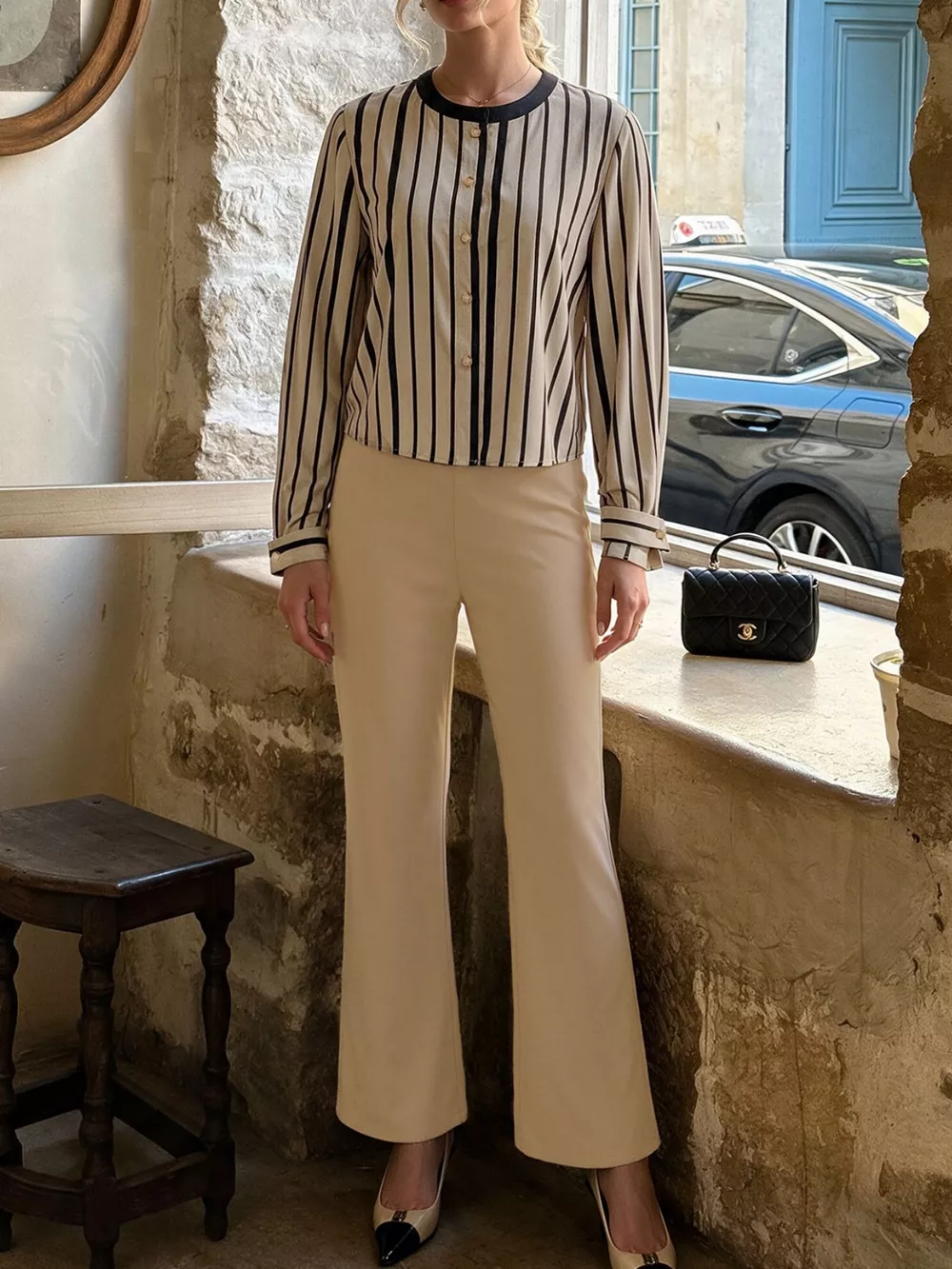 Striped Button-Down Shirt and High-Waisted Flare Pants Set, image 2