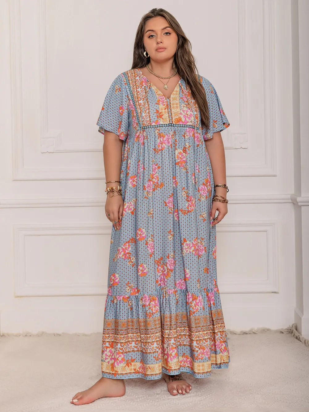 Plus Size Printed Tie Neck Flutter Sleeve Maxi Dress, image 2