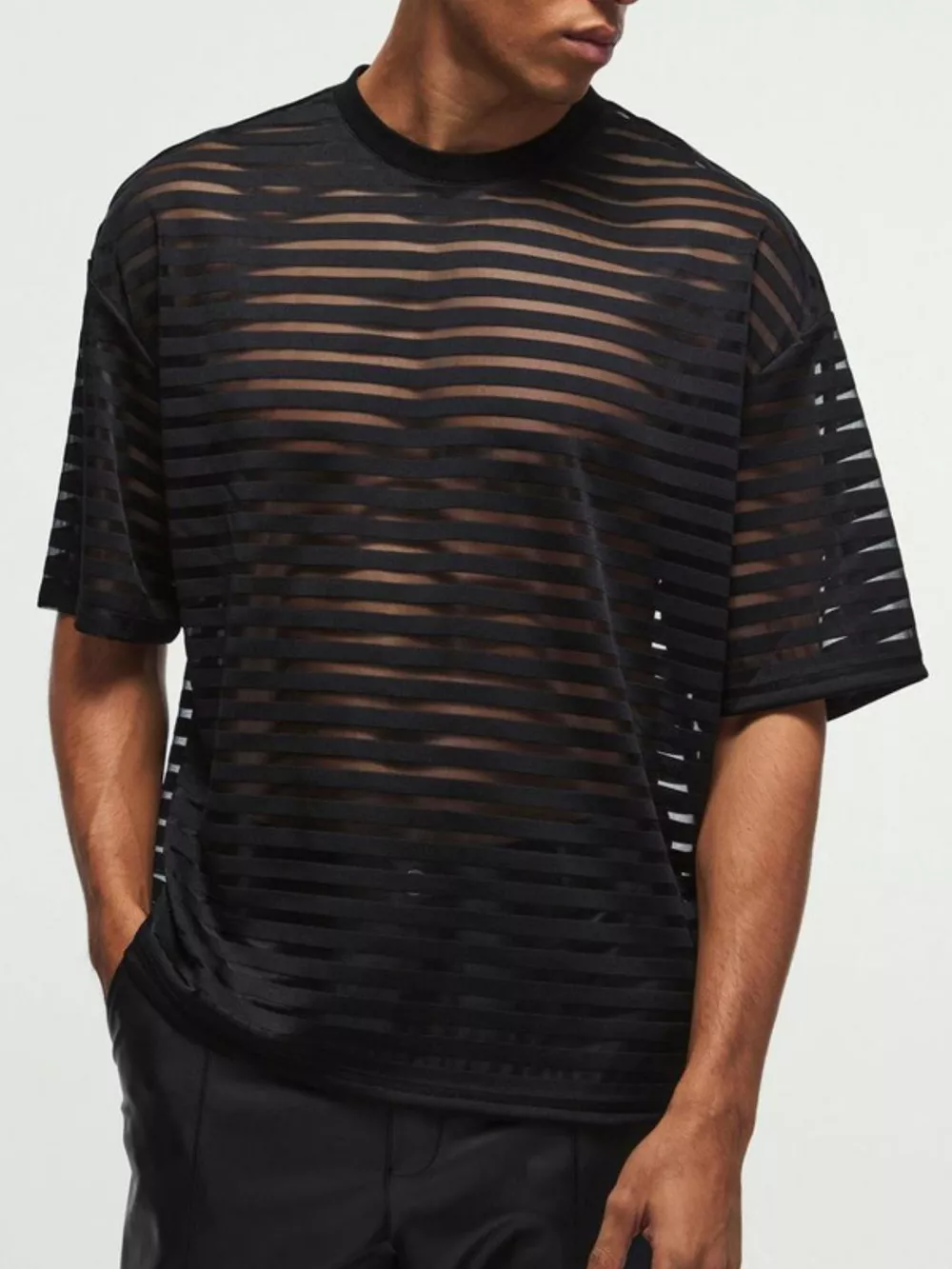 Men's Full Size Sheer Striped Round Neck T-Shirt Plus Size, image 3